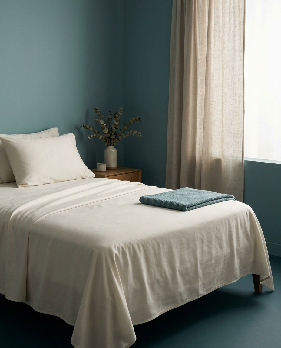 Banner Nuvé garantía: cama hecha con sábanas Nuvé, luz suave, ambiente sereno